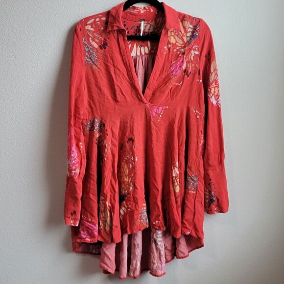 FREE PEOPLE FIELD OF BUTTERFLIES BOHO ORANGE TUNIC TOP SIZE M - Picture 1 of 10